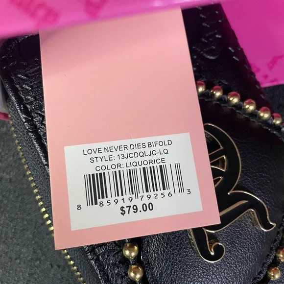Juicy Couture Black Faux Leather Gold Bifold Beaded Heart Wallet Zipper NEW NWT - Picture 14 of 14